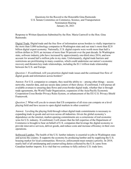 Questions for the Record to the Honorable Gina Raimondo U.S. Senate Committee on Commerce, Science, and Transportation Nomination Hearing January 26, 2021