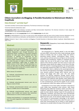 Citizen Journalism Via Blogging: a Possible Resolution to Mainstream Media’S Ineptitude Heba Elshahed1* and Sally Tayie2