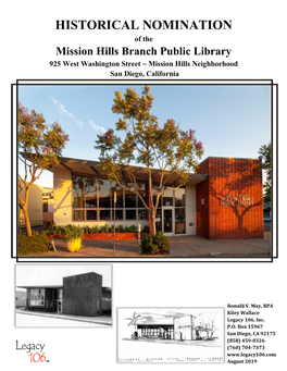 HISTORICAL NOMINATION of the Mission Hills Branch Public Library 925 West Washington Street ~ Mission Hills Neighborhood San Diego, California