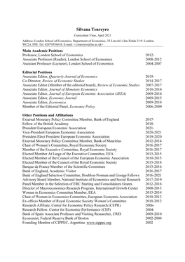 Silvana Tenreyro Curriculum Vitae, April 2021 Address: London School of Economics, Department of Economics, 32 Lincoln’S Inn Fields 2.19