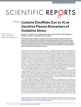 As Sensitive Plasma Biomarkers of Oxidative Stress Received: 22 June 2018 Xiaoyun Fu1,2, Shelby A