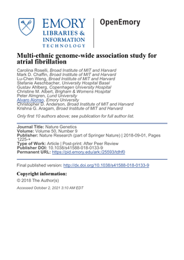 Multi-Ethnic Genome-Wide Association Study for Atrial Fibrillation Carolina Roselli, Broad Institute of MIT and Harvard Mark D