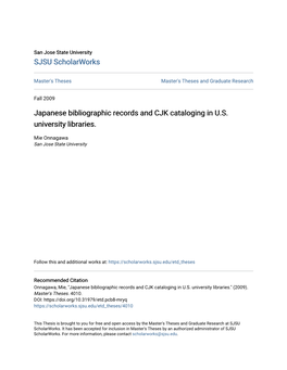 Japanese Bibliographic Records and CJK Cataloging in U.S