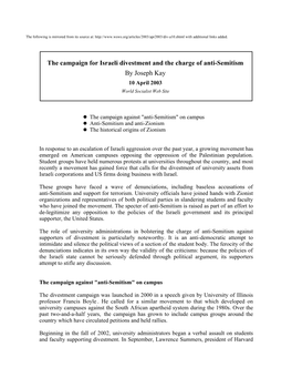 The Campaign for Israeli Divestment and the Charge of Anti-Semitism by Joseph Kay 10 April 2003 World Socialist Web Site