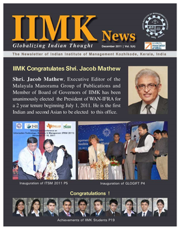 IIMK Congratulates Shri. Jacob Mathew