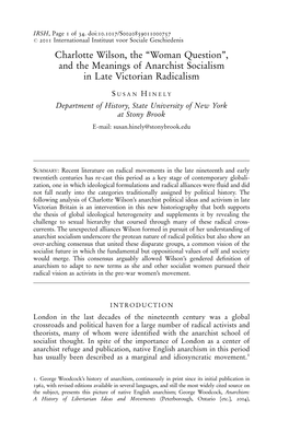 Charlotte Wilson, the ''Woman Question'', and the Meanings of Anarchist Socialism in Late Victorian Radicalism