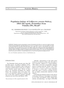 Population Biology of Callinectes Ornatus Ordway, 1863 (Decapoda, Portunidae) from Ubatuba (SP), Brazil*