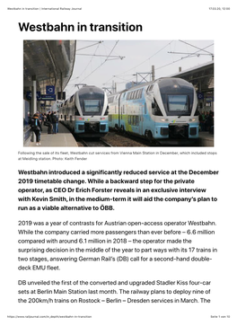 Westbahn in Transition | International Railway Journal 17.03.20, 12�00 Westbahn in Transition