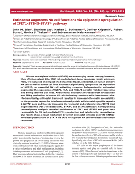 Entinostat Augments NK Cell Functions Via Epigenetic Upregulation of IFIT1-STING-STAT4 Pathway