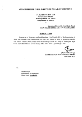 Transfer Orders of Shri Justice Vineet Kothari Judge Madras HC As A