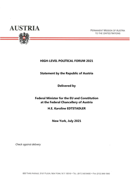 HIGH-LEVEL POLITICAL FORUM 2021 Statement by the Republic of Austria Delivered by Federal Minister for the EU and Constitution