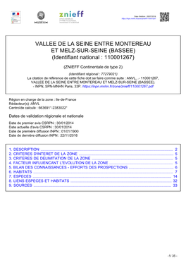 VALLEE DE LA SEINE ENTRE MONTEREAU ET MELZ-SUR-SEINE (BASSEE) (Identifiant National : 110001267)