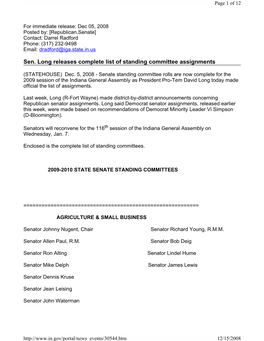 Sen. Long Releases Complete List of Standing Committee Assignments