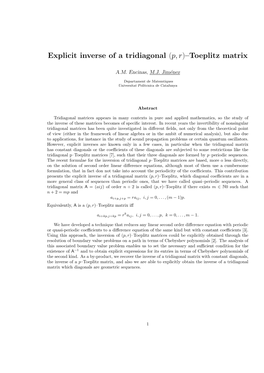 Explicit Inverse of a Tridiagonal (P, R)–Toeplitz Matrix