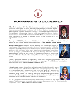 Backgrounder: Tcdsb Top Scholars 2019-2020