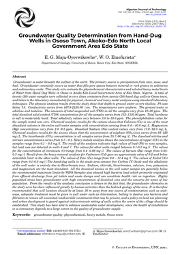 Groundwater Quality Determination from Hand-Dug Wells in Ososo Town, Akoko-Edo North Local Government Area Edo State