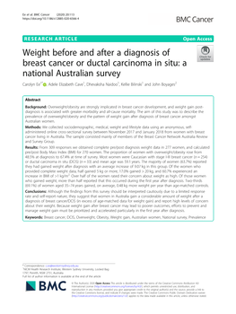 Weight Before and After a Diagnosis of Breast Cancer Or Ductal Carcinoma