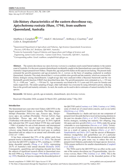 Life-History Characteristics of the Eastern Shovelnose Ray, Aptychotrema Rostrata (Shaw, 1794), from Southern Queensland, Australia