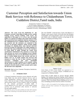 Customer Perception and Satisfaction Towards Union Bank Services with Reference to Chidambaram Town, Cuddalore District,Tamil Nadu, India