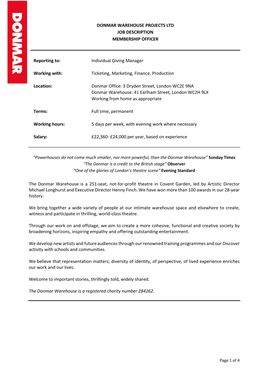 Donmar Warehouse Projects Ltd Job Description Membership Officer