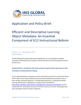 Efficient and Descriptive Learning Object Metadata: an Essential Component of K12 Instructional Reform