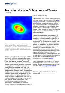 Transition Discs in Ophiuchus and Taurus 7 July 2015