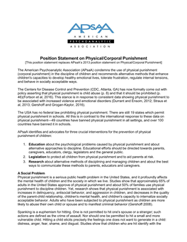 Position Statement on Physical/Corporal Punishment [This Position Statement Replaces Apsaa’S 2013 Position Statement on Physical/Corporal Punishment]