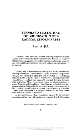 Bernhard Felsenthal: the Zionization of a Radical Reform Rabbi