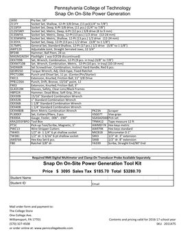 Snap on On-Site Power Generation Tool Kit Price $ 3095 Sales Tax $185.70 Total $3280.70 Student Name Student ID Email