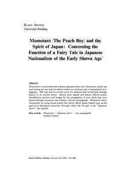 Momotaro (The Peach Boy) and the Spirit of Japan: Concerning the Function of a Fairy Tale in Japanese Nationalism of the Early Showa Age*