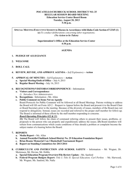 Regular Session Board Meeting Agenda