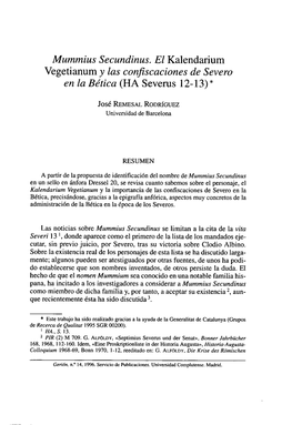 Mummius Secundinus. El Kalendarium Vegetianum Y Las Confiscaciones De Severo En La Bética (HA Severus 12~13)*