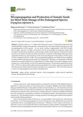 Micropropagation and Production of Somatic Seeds for Short-Term Storage of the Endangered Species Eryngium Alpinum L