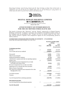 DIGITAL DOMAIN HOLDINGS LIMITED 數字王國集團有限公司 (Incorporated in Bermuda with Limited Liability) (Stock Code: 547)