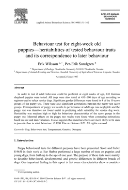 Behaviour Test for Eight-Week Old Puppies—Heritabilities of Tested