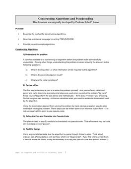 Constructing Algorithms and Pseudocoding This Document Was Originally Developed by Professor John P