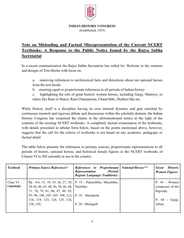 Note on Misleading and Factual Misrepresentation of the Current NCERT Textbooks: a Response to the Public Notice Issued by the Rajya Sabha Secretariat