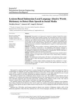 Lexicon-Based Indonesian Local Language Abusive Words Dictionary to Detect Hate Speech in Social Media Mardhiya Hayaty1) *, Sumarni Adi2), Anggit D