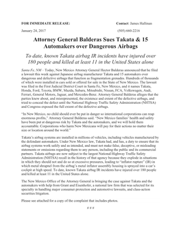 Attorney General Balderas Sues Takata & 15 Automakers Over Dangerous Airbags