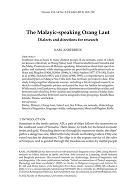 The Malayic-Speaking Orang Laut Dialects and Directions for Research