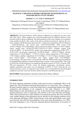 SEASONAL VARIATION in HYDRO CHEMISTRY of RIVER BENUE at MAKURDI, BENUE STATE NIGERIA Akaahan T