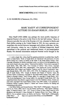 Marc Raeff As Correspondent: Letters to Isaiah Berlin, 1950-19731