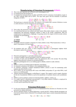 Manufacturing of Potassium Permanganate Kmno4  This Is the Most Important and Well Known Salt of Permanganic Acid