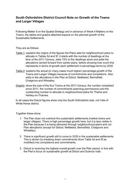 South Oxfordshire District Council Note on Growth of the Towns and Larger Villages