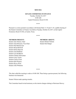 MINUTES SENATE COMMITTEE on FINANCE Tuesday, October 24