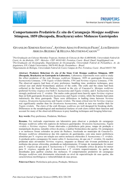 Comportamento Predatório Ex Situ Do Caranguejo Menippe Nodifrons Stimpson, 1859 (Decapoda, Brachyura) Sobre Moluscos Gastrópodes