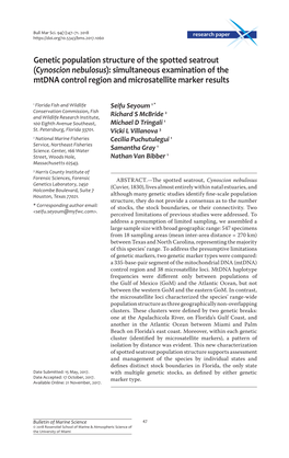 Genetic Population Structure of the Spotted Seatrout (Cynoscion Nebulosus): Simultaneous Examination of the Mtdna Control Region and Microsatellite Marker Results