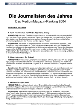 Die Journalisten Des Jahres Das Mediummagazin-Ranking 2004