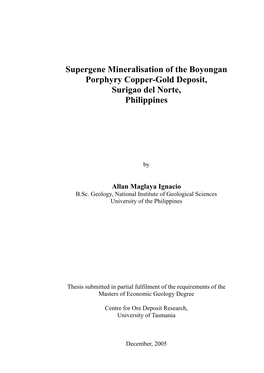 Supergene Mineralisation of the Boyongan Porphyry Copper-Gold Deposit, Surigao Del Norte, Philippines