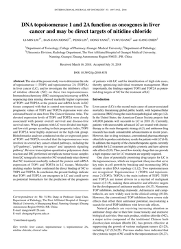 DNA Topoisomerase 1 and 2A Function As Oncogenes in Liver Cancer and May Be Direct Targets of Nitidine Chloride